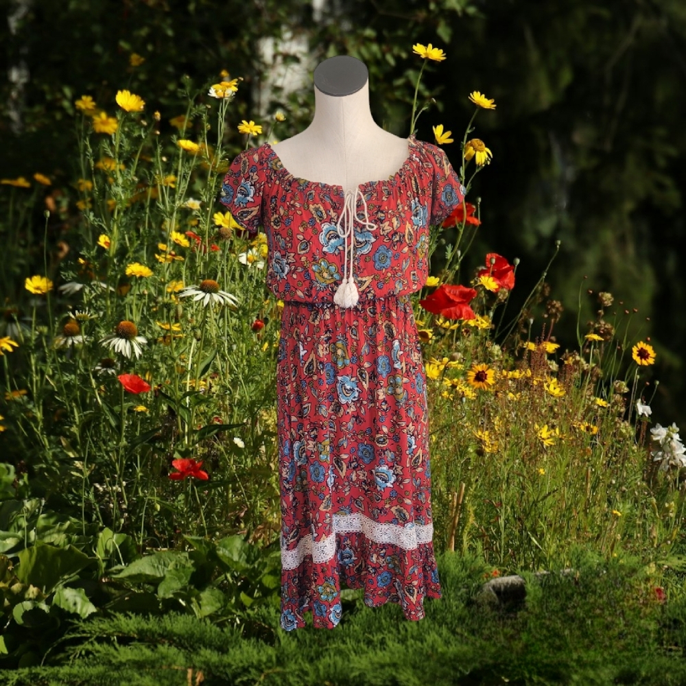 Red Peasant Floral Dress